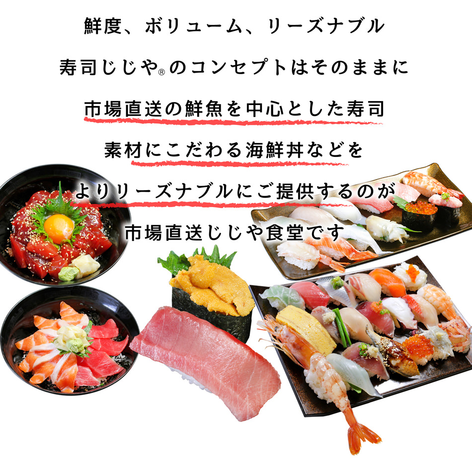 鮮度、ボリューム、リーズナブル　寿司じじやのコンセプトはそのままに　市場直送の鮮魚を中心とした寿司　素材にこだわる海鮮丼などを　よりリーズナブルにご提供するのが「市場直送じじや食堂」です